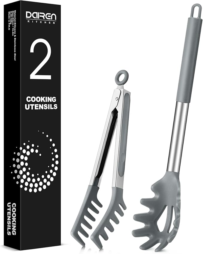 Silicone Spaghetti Spoon and Pasta Tong, Server Fork with teeth,10" & 13"