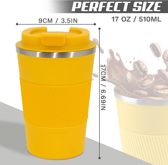 Vacuum-Insulated Stainless Steel Travel Coffee Mug, Leak-Proof Reusable Coffee Cup with Lid-Keeps Drinks Hot & Cold for Hours, Durable Double Wall Tumbler for Men & Women (3rd-Yellow, 17OZ)