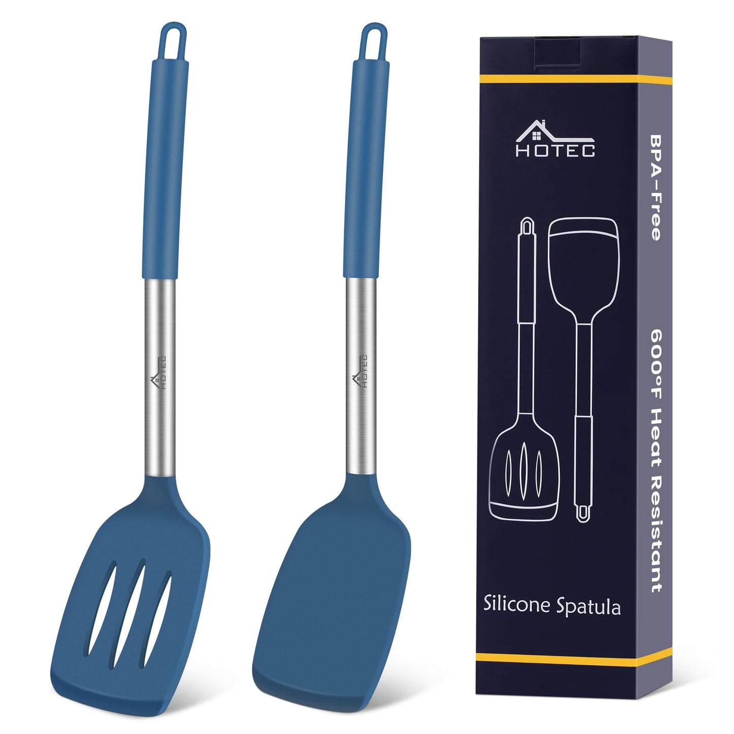 HOTEC Silicone Spatula Set of 2 Heat-Resistant 600°F & BPA-Free Kitchen SaptulaTurner with Stainless Steel Handles, Slotted & Solid Spatulas for Nonstick Cookware, 13.7 Inch, Khaki