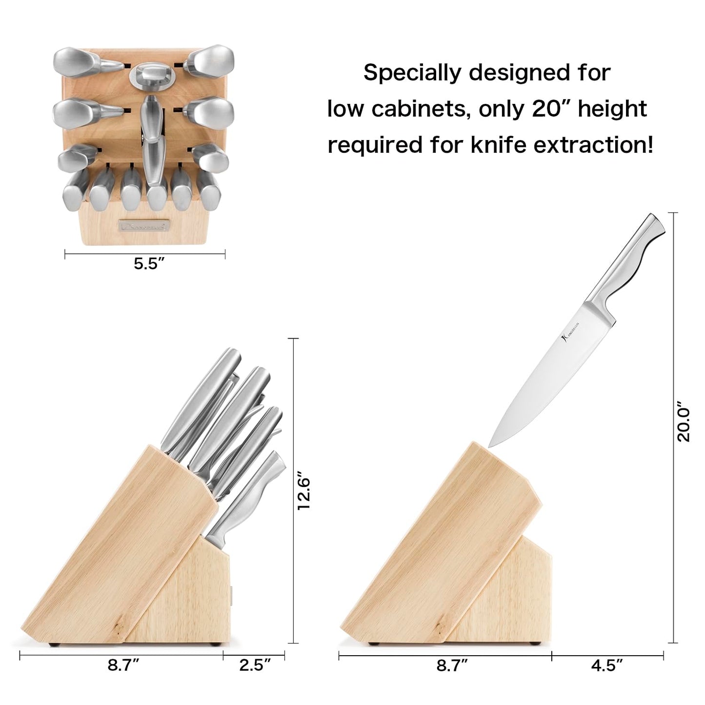 Kangdelun 15-Piece Ultra Sharp Kitchen Knife Set with Wooden Block, Exclusive Ergonomic Anti-Slip Handle, High-Carbon 50CR15MOV Steel, Angled Design, Natural Wood Block