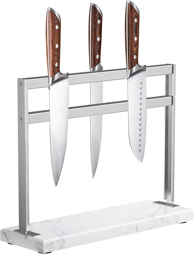 YIIYIIN Magnetic Knife Block with Marble Base - Double Sided Magnetic Knife Stand - Magnetic Knife Holder - Kitchen Knife Storage - Knife Holders for Counter Top - Black