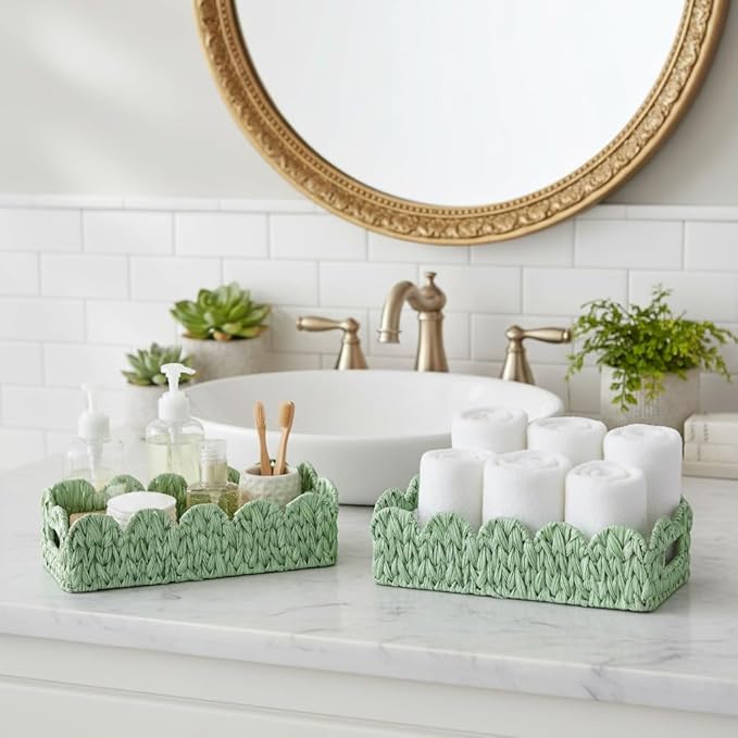Green Toilet Tank Basket,Toilet Paper Storage Basket Bathroom Counter Organizer Wicker Baskets for Organizing,Holds Up to 3 Mega Rolls,Green Decor Bathroom