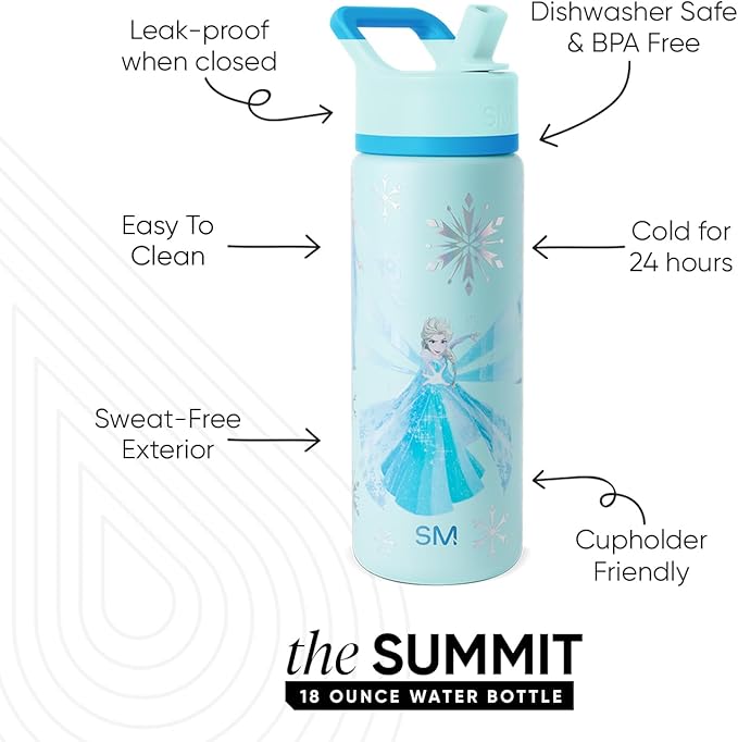 Simple Modern Kids Summit Water Bottle with Straw Lid | Disney Frozen 18oz Stainless Steel Cup Insulated Tumbler for Girls, School | Iridescent Elsa
