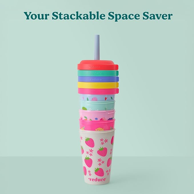 REDUCE GoGo's Kids Portable Tumbler Cups with Lids and Spill-Proof Straws - 5 Pack of Stackable 12 oz Tumblers with Twist-On Lids - Easy Storage, Dishwasher Safe - Fruity Cutie