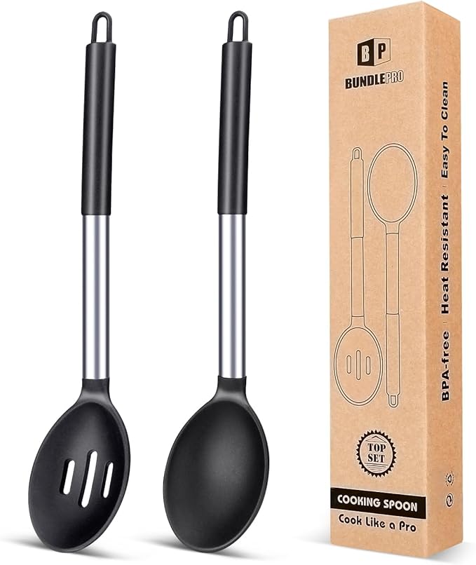 BUNDLEPRO Silicone Cooking Spoons for Nonstick Cookware, 2 Pack, KHAKI