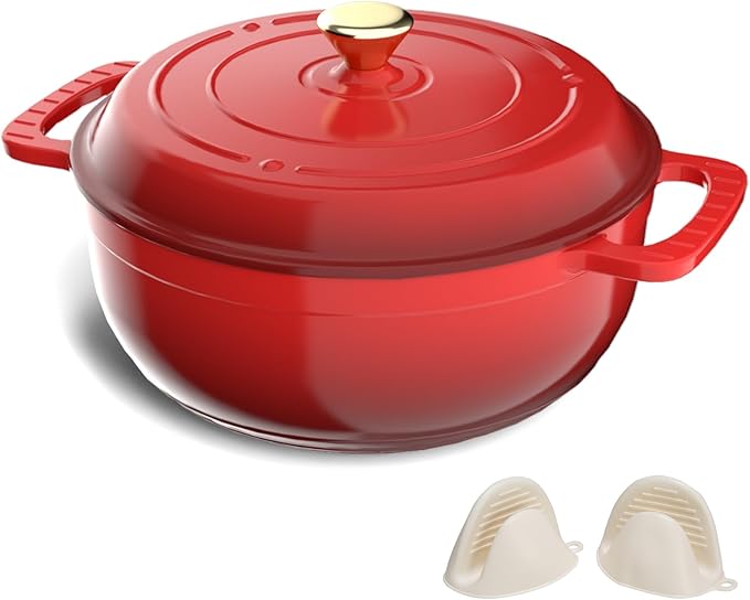 VINGLI 7.5QT Enameled Cast Iron Round Dutch Oven Pot with Lid, NonStick Casserole Pot with Dual Handles & Silicone GlovesRed, Oven Safe up to 500°F or on Stovetop, Dutch Oven for Bread Baking, Blue