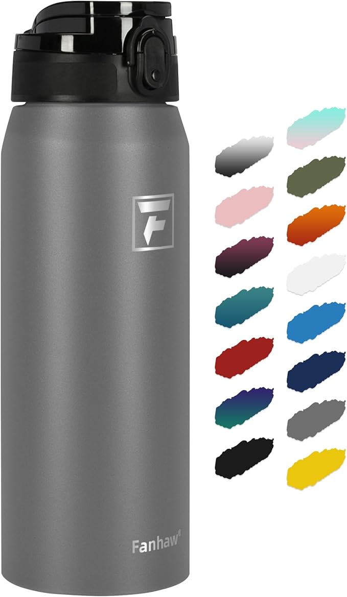 Fanhaw 24 oz Insulated Stainless Steel Water Bottle with Anti-Dust Chug Lid, Leakproof Vacuum Metal Bottle for Kids, Women & Men (Gray)
