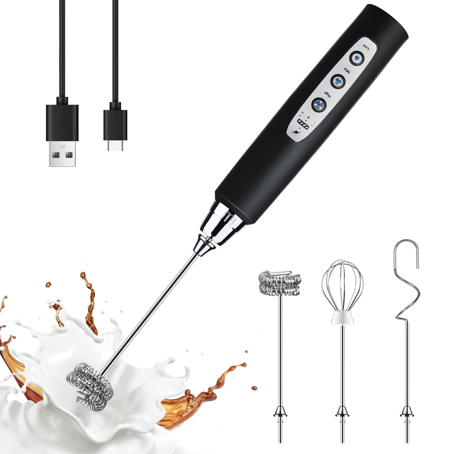 YUSWKO Handheld Milk Frother Wand for Coffee, Rechargeable Electric Whisk with 3 Heads 3 Speeds Drink Mixer Coffee Frother For Latte, Cappuccino, Hot Chocolate, Egg, Beige