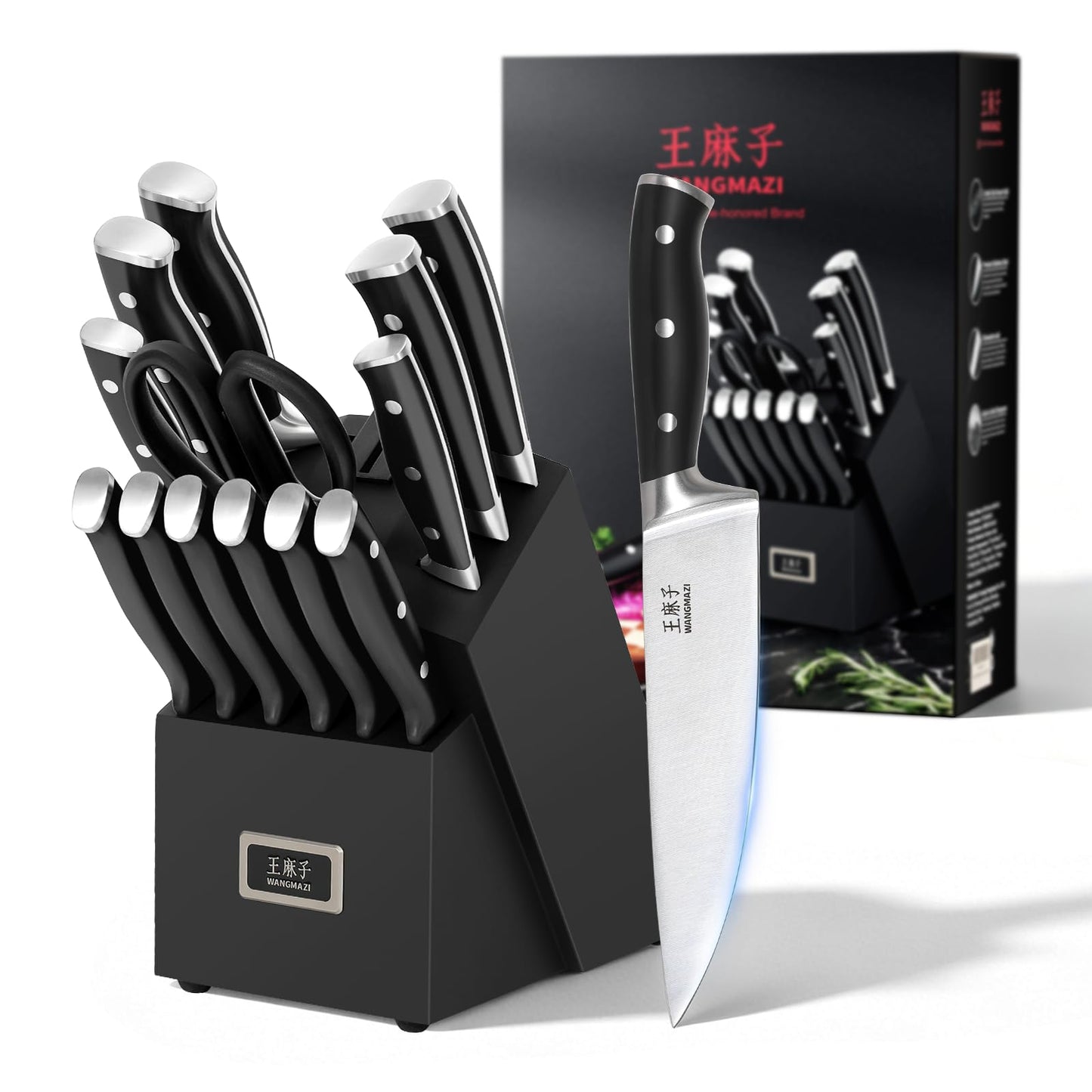 WANGMAZI 15‑Pcs Knife Block Set, High Carbon Steel, Natural