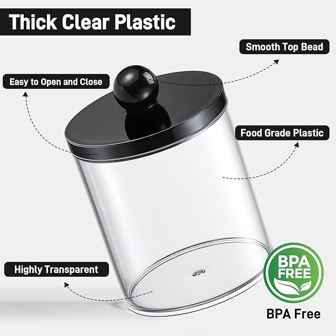 4 Pcs, Acrylic Qtip Holder Dispenser for Cotton Swab, Ball, Round Pads, Floss Picks - Plastic Apothecary Jar Set, Bathroom Canister Decor Storage Accessories, Vanity Makeup Organizer - Clear & Black