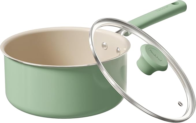 Redchef Ceramic Nonstick Saucepan with Lid, 2.5QT Small Cooking Pot, Non Toxic Sauce Pans for Kitchen, Cool Handle PFAS Free Compatible with All Cooktops, White