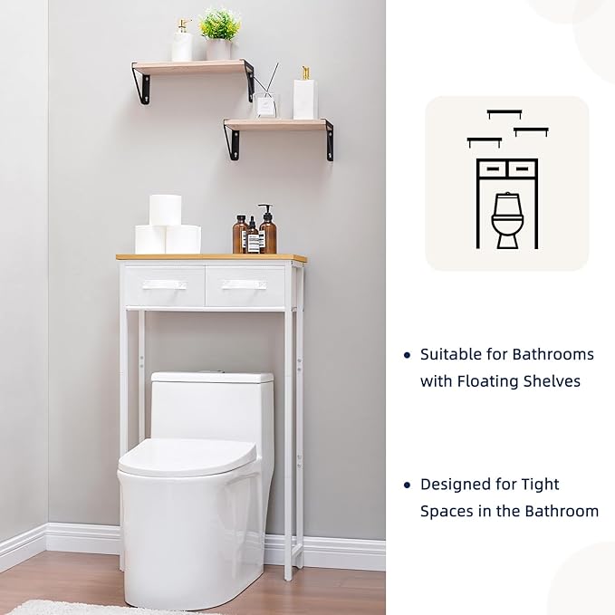 MOHOPE 2-Tier Over The Toilet Storage with 2 Fabric Drawers, Freestanding Above The Toilet Storage Cabinet, Space Saver Metal Over Toilet Bathroom Organizer Shelf for Small Space, Natural and White