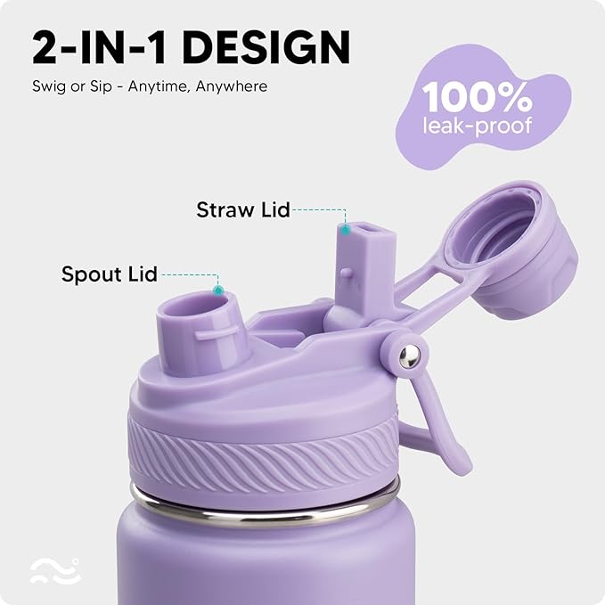 [2-IN-1 LID] Insulated Water Bottle with Silicone Boot (36hrs Cold/18hrs Hot) - DIY Stickers, Leakproof, BPA Free, 24 oz