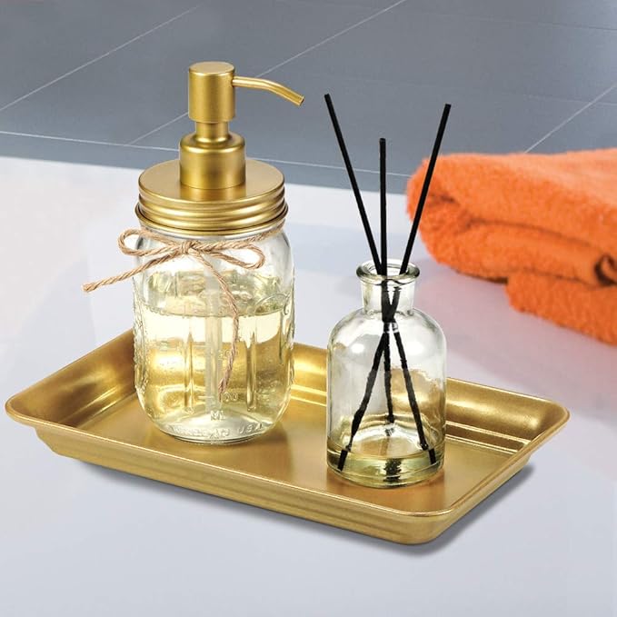 Vintage Farmhouse Decor Metal Vanity Tray(2 Pack),Countertop Guest Hand Towel Storage Organizer Tray Dispenser, Sturdy Holder for Perfume,Cosmetics, Jewelry, Makeup Bathroom Organizer（Gold）