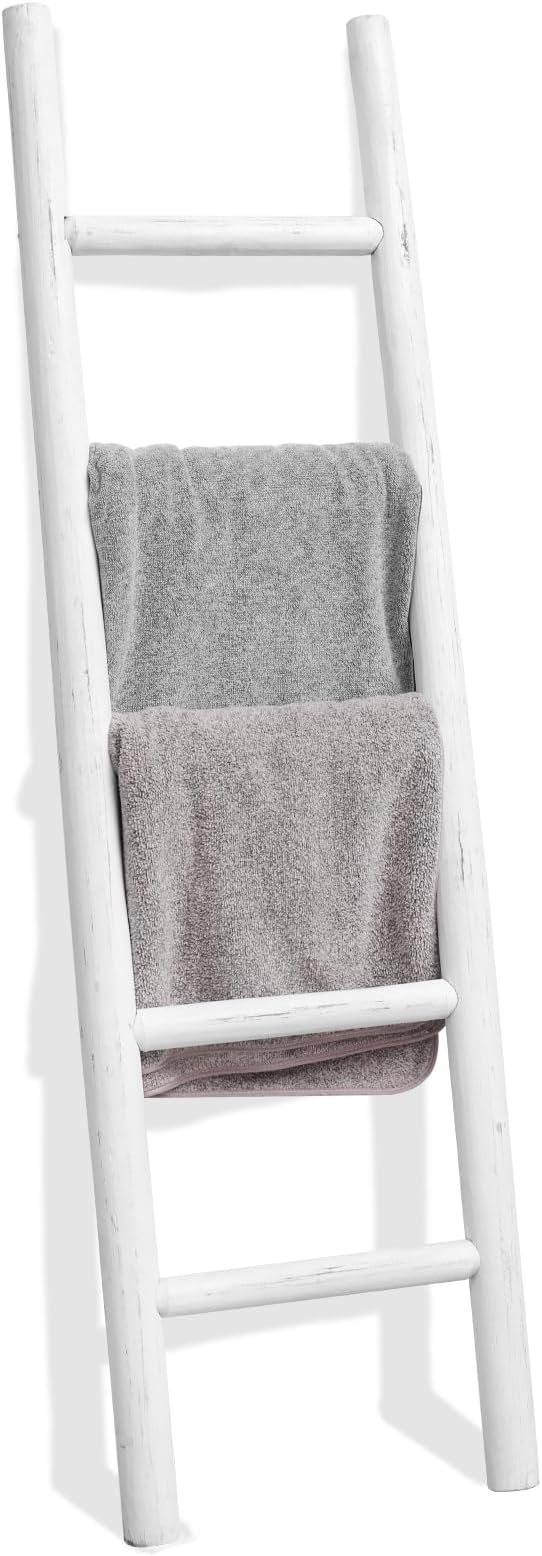 FUIN 57in Wood Blanket Ladder Living Room Decorative Wall Leaning Farmhouse Quilt Display Holder Rustic Wooden Towel Rack for Bathroom, White