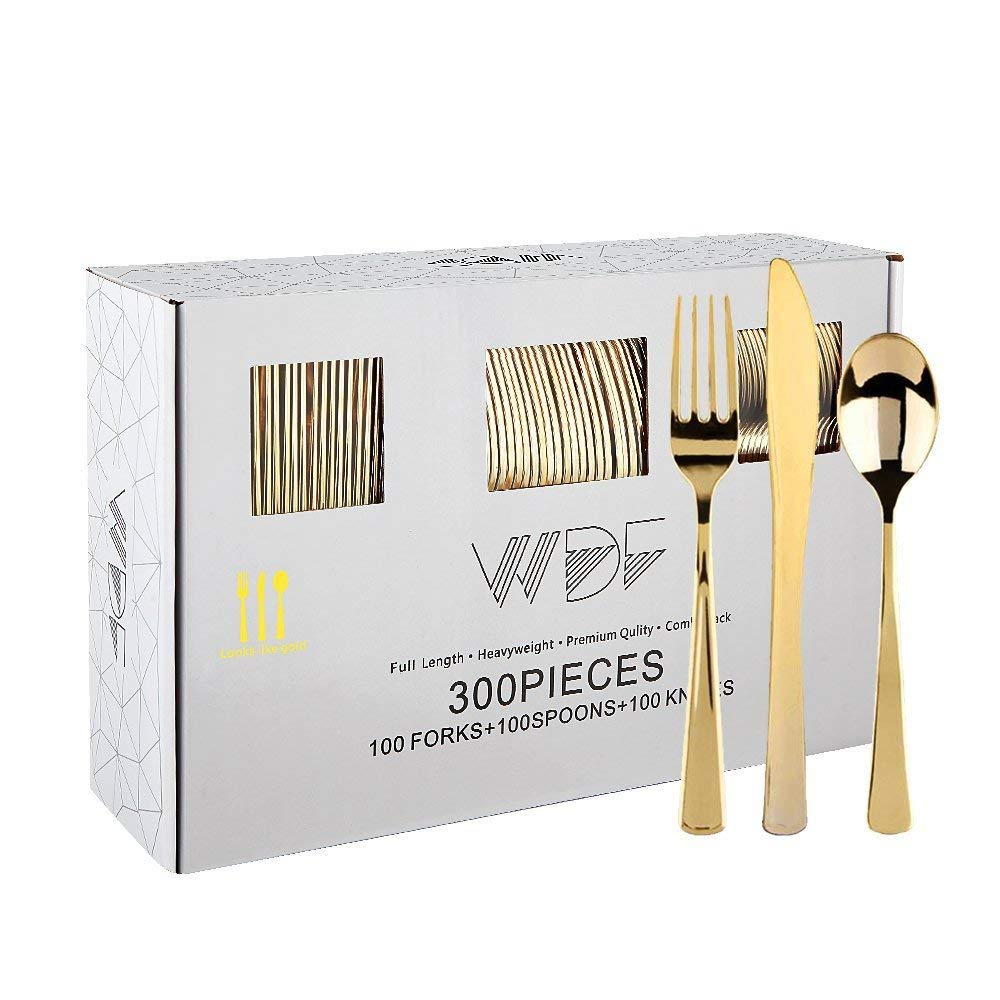 WDF300 Pieces Gold Plastic Silverware - Heavy Duty Disposable Cutlery Set Plastic Gold Silverware Set Includes 100 Forks, 100 Spoons, 100 Knives for Party/Baby Shower/Wedding/Birthday