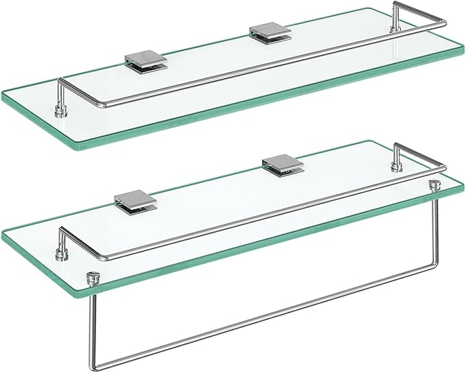 HOOBRO Glass Shelves for Bathroom, 15.7 Inch Floating Glass Shelf for Wall, Set of 2 Tempered Stainless Steel Wall Mounted Stand for Toilet, Room Decor, Silver SV02BJ01