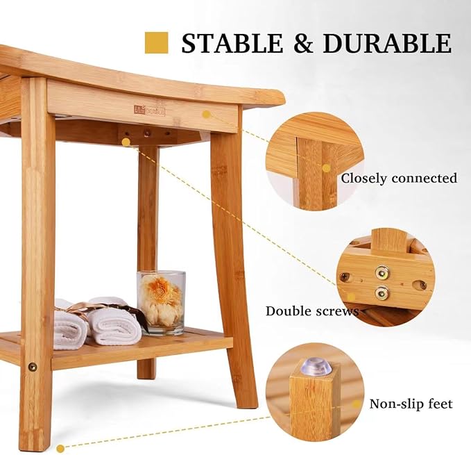Bamboo Shower Bench with Storage Shelf, Wooden Spa Bath Deluxe Organizer Shower Stool for Inside Shower, Bathroom Bench Seat for Adults Elderly Seniors for Indoor or Outdoor Use