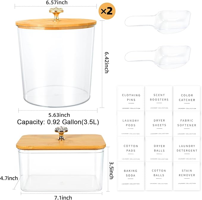 3 Pack Laundry Room Organization and Storage Jars Laundry Pod Containers and Dryer Sheet Holder with Lids and Labels for Laundry Detergent Laundry Pods Dry Sheet Organizing and Food Storage