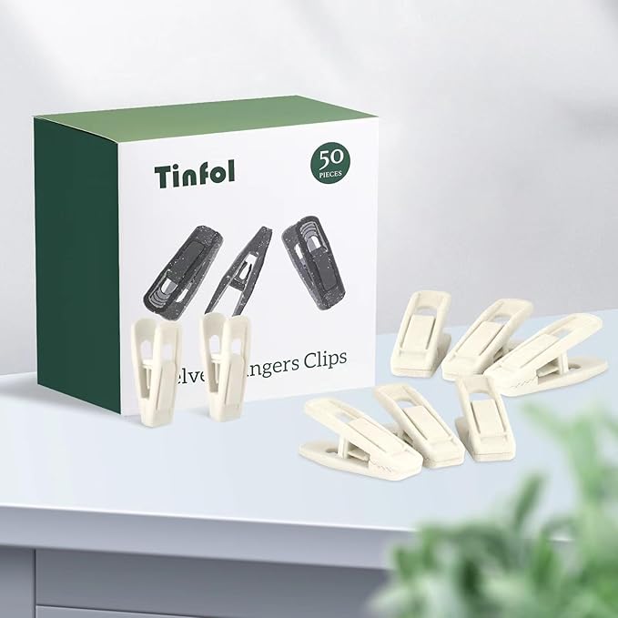 Tinfol Ivory Velvet Hanger Clips, 50pc Pants Velvet Clips, Large Opening Clip Clothes Pin, Strong Finger Flocked Clip Perfect for Slim-line Clothes Hangers