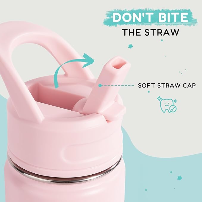 12oz Kids Water Bottle for School, Toddler Bottles with Straws, Stainless Steel Vacuum Insulated Water Bottle for Boys&Girls, Leak-Proof, BPA-Free, Bubble Gum