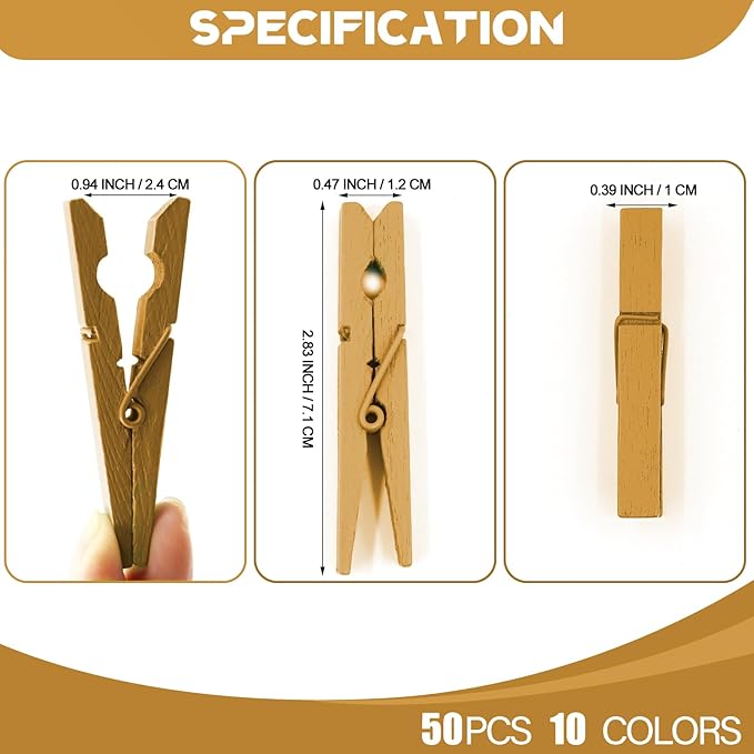100 Pcs Colored Clothes Pins Wooden, Clothespins for Crafts 2.9 Inch, Clothing Pins for Hanging, Pictures, Classroom, Gold