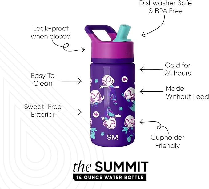 Simple Modern Kids Summit Water Bottle with Straw Lid | Marvel Spider-man 14oz Stainless Steel Cup Insulated Tumbler for Girls, School | Spider Gwen