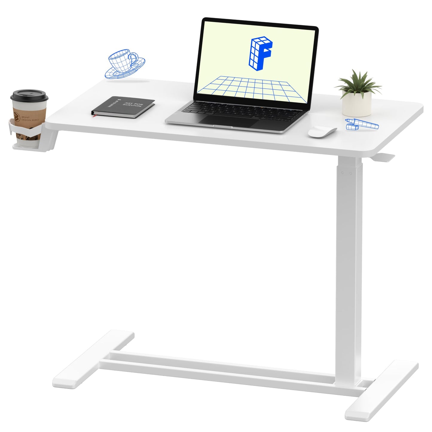 FLEXISPOT H7 Adjustable Overbed Bedside Table with Wheels Pneumatic Mobile Standing Laptop Desk Rolling Computer Cart Movable Overbed Table Hospital Home Use (31.5" W x 17.7" D, White Large)
