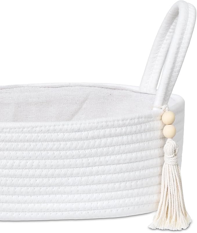 ABenkle Rope Boho Storage Basket, Small Woven Bathroom Organizer, Decorative Toilet Paper Holder for Back of Tank, Hand Towel Caddy, Home Office Desk Decor, Gift Basket-13x6x4 Inches