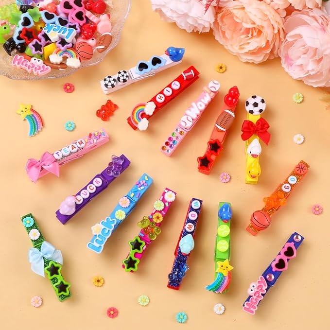 JOICEE 60 Set Cheer Pins Spirit Clips, 60 Colored Wooden Clothes Pins 102 Mini Resin Ducks Bows Daisy and Stickers Pens 150 Clay Beads for Backpacks Ribbon Team Classroom Cheer Gifts Bulk