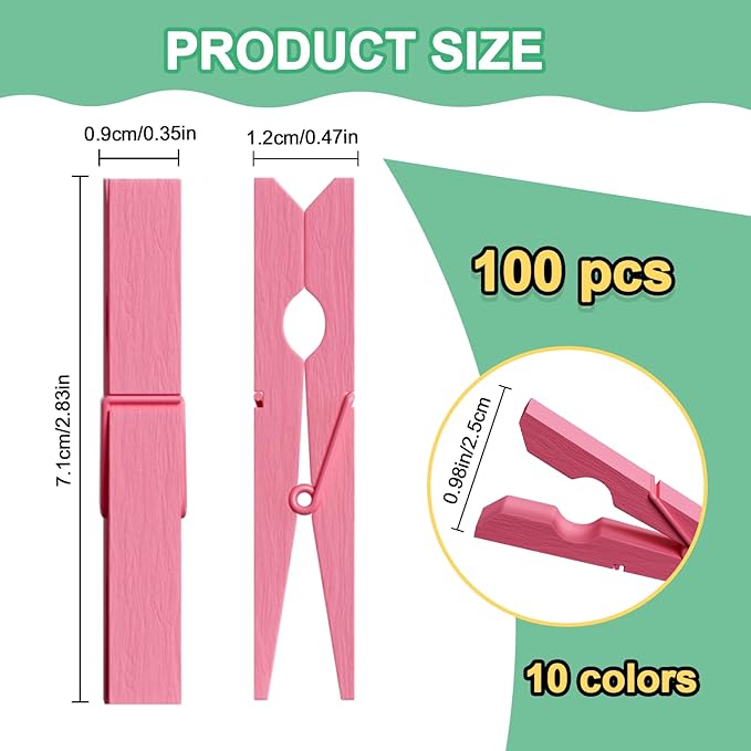 100Pcs Colored Clothespins Bulk, 2.9 Inch Clothes Pins Wooden for Crafts, Pastel Colorful Clothespins for Hanging Clothes Picture, Laundry Clips Cheer 10 Colors