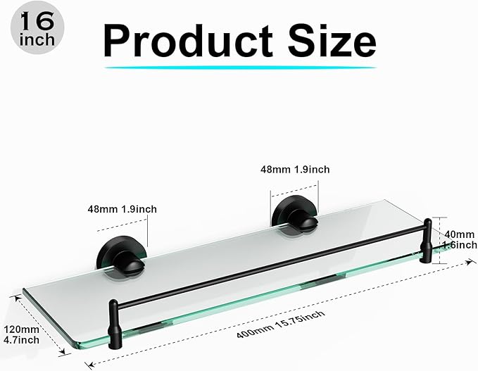 Glass Bathroom Shelves,Matte Black Floating Shelves for Wall Rectangular Modern Stainless Steel Glass Shelf for Bathroom Shelves Wall Mounted 16 Inch