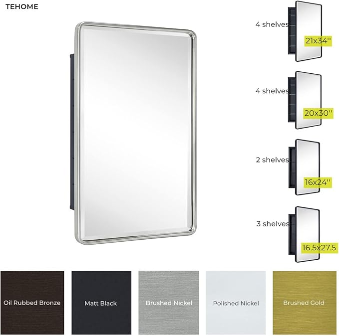 TEHOME Farmhouse Oil Rubbed Bronze Recessed Bathroom Medicine Cabinet with Mirror Rounded Rectangle Metal Framed Medicine Cabinet with Beveled Mirror 16x24''