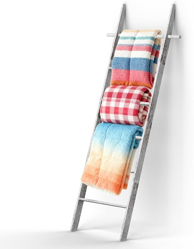Farmhouse 6 Ft (70 inch) Wooden Blanket Ladder Living Room with Removable Hooks, 6-Tier Blanket Rack Decorative Stand, Leaning Towel Quilt Rack Holder for Bathroom Decor Rustic White
