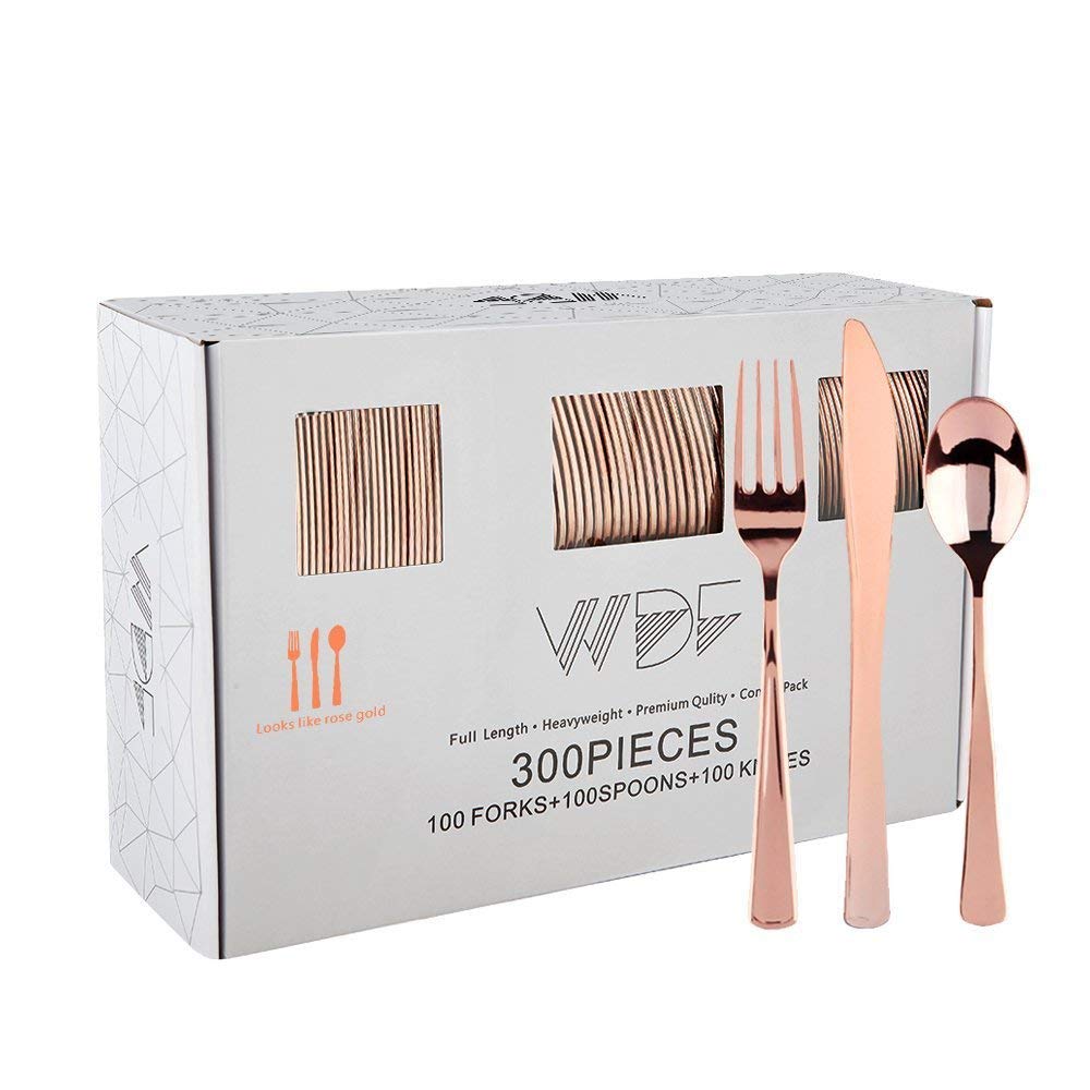 WDF300 Pieces Gold Plastic Silverware - Heavy Duty Disposable Cutlery Set Plastic Gold Silverware Set Includes 100 Forks, 100 Spoons, 100 Knives for Party/Baby Shower/Wedding/Birthday