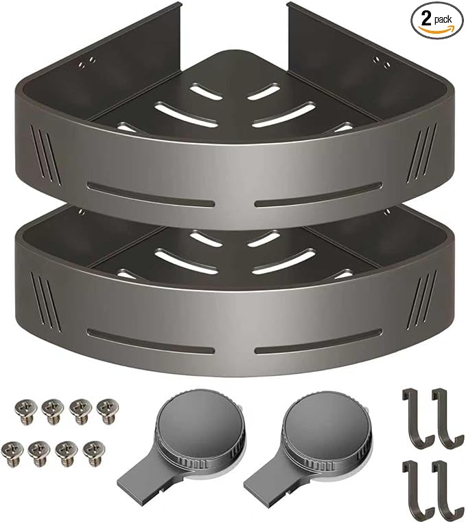 2-Tier Aluminum Suction Cup Corner Shower Caddy, Rustproof No Drilling Bathroom Corner Storage Shelf