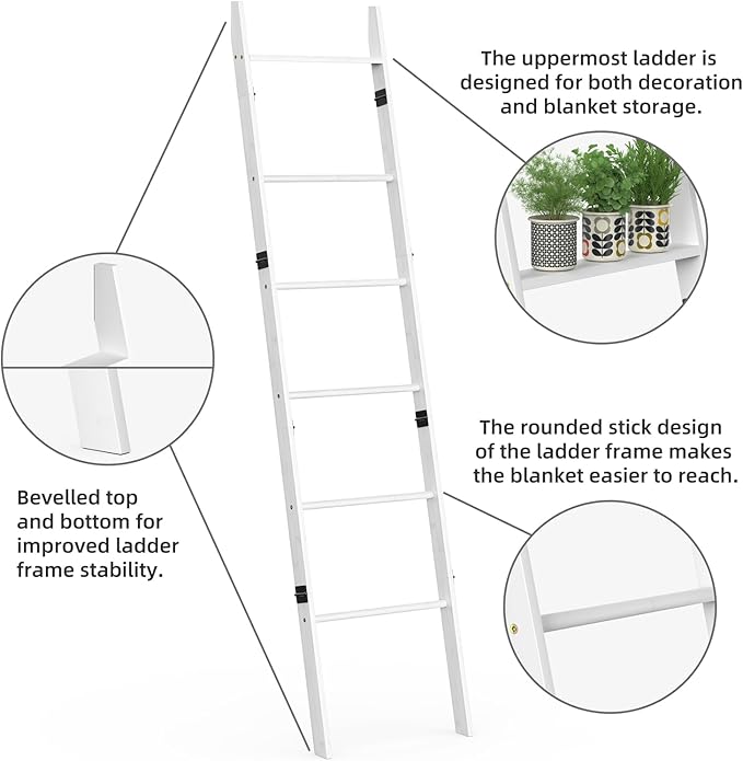 BAMBANG 6-Tier Blanket Ladder for Living Room, Blanket Quilt Ladder Rack Rustic Decorative Towel Holder, Wall Leaning Blanket Ladder Shelf Storage Farmhouse Decor for Bedroom Bathroom, White