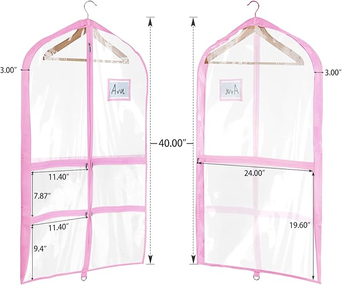 Univivi Clear Pink PVC Dance Costume Bags (3 Pack) Garment Bag 40 Inch for Dance Competitions, with 4 Medium Clear Zipper Pockets and 1 Large Back Zippered Pocket [Upgraded Version]