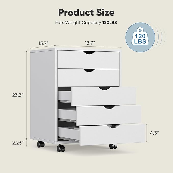 OLIXIS 5 Drawer Mobile File Cabinet Under Desk Storage Organization with Wheels Vertical Filing Chest Rolling Wood Small Desk Printer Stand for Home Office, 15.75"D x 18.74"W x 25.39"H, White
