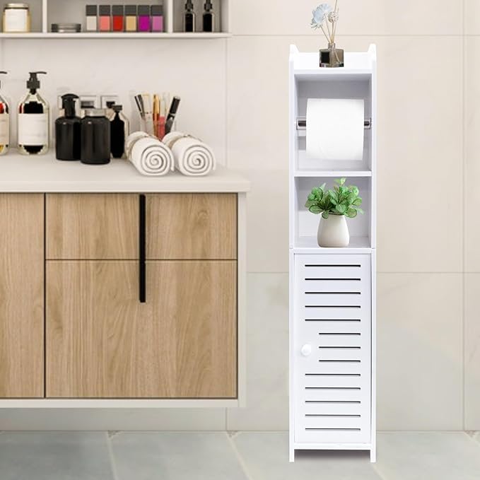 ShellKingdom Toilet Paper Holder Stand with Rods, Small Bathroom Storage Cabinet with Doors and Shelves, Slim Storage Cabinet for Bathroom Small Spaces Corner Floor - White