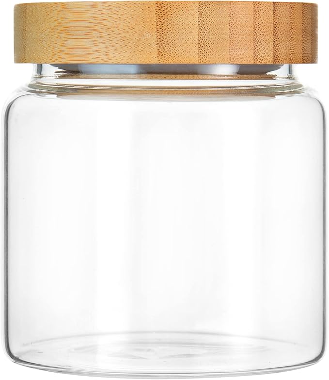 MOLADRI 900ML/30Oz Clear Cute Glass Storage Canister Holder with Airtight Bamboo Lid, Modern Decorative Medium Container Jar for Coffee, Spice, Candy, Salt, Cookie, Condiment, Pepper, Sugar
