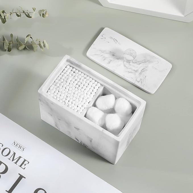 Luxspire Cotton Swab Holder, Resin Canister with Lid, 2 Compartments Dispenser Storage Box Cosmetics Countertop Organizer Containers for Pads, Rounds - Gravel White