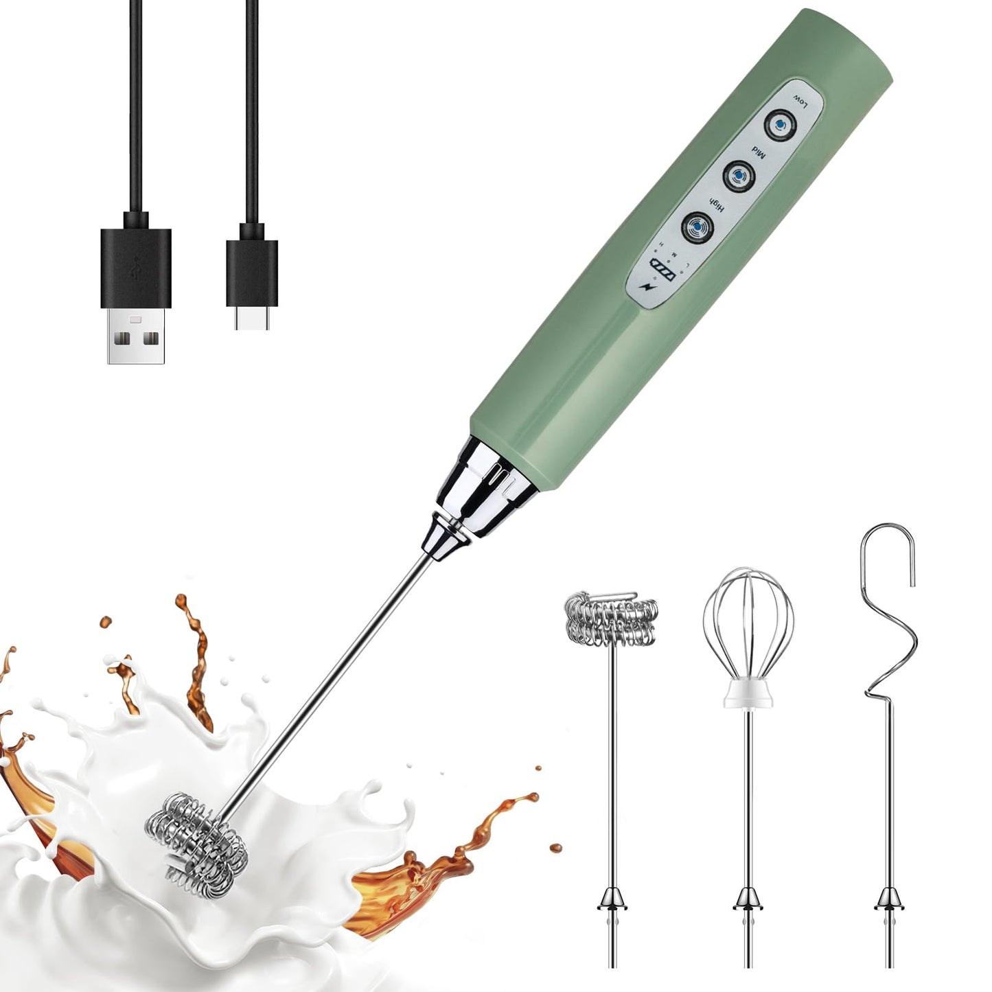 YUSWKO Handheld Milk Frother Wand for Coffee, Rechargeable Electric Whisk with 3 Heads 3 Speeds Drink Mixer Coffee Frother For Latte, Cappuccino, Hot Chocolate, Egg, Beige