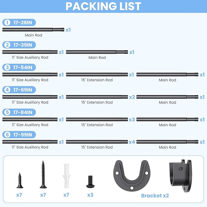 Closet Rods for Hanging Clothes, 17 to 99 Inch Stepless Adjustable Closet Rod, 1.3 Inch Diameter Metal Heavy Duty Closet Hanging Rod for Closet Wardrobes Laundry RV, Black