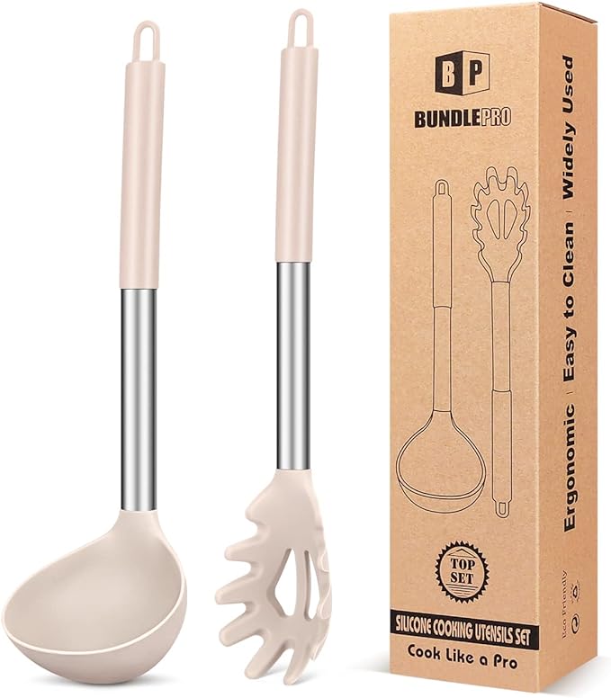 BUNDLEPRO Silicone Pasta Fork and Soup Ladle Spoon Set, 2 Pack, Pink