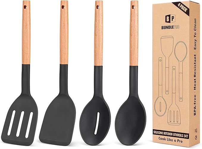 Pack of 4 Silicone Cooking Utensils Set, Non Stick Solid Spatulas and Heat Resistant Slotted Spoons with Wooden Handle, Ideal Wood Kitchen Utensils Set for Frying,Serving,Turning,Stirring (PINK)