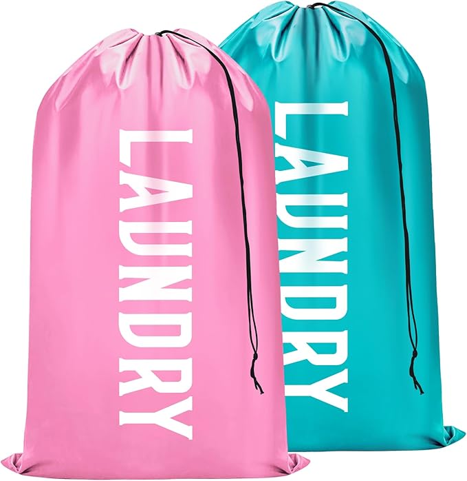 Fiodrimy 2 Pack XL Travel Laundry Bag, Machine Washable Dirty Clothes Organizer, Large Enough to Hold 4 Loads of Laundry, Easy Fit a Laundry Basket (Pink+Blue, 24" x 36")