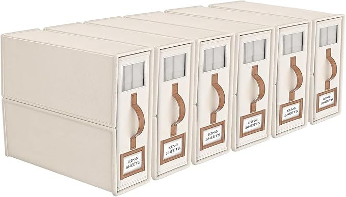6 Pack Foldable Bed Sheets Set Organizers and Storage(King & Queen Size),Linen Fabric Closet Organizers with Window,Folding Bedding Storage Box for Bedsheets and Pillow Cube Organizer-Beige