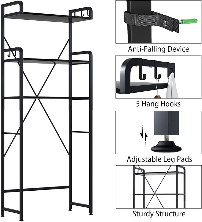 Over-The-Toilet Storage Rack with 3-Tier Shelves, Space Saver Toilet Shelf, Bathroom Storage Organizer with Hooks for Over-Toilet Storage (Black)