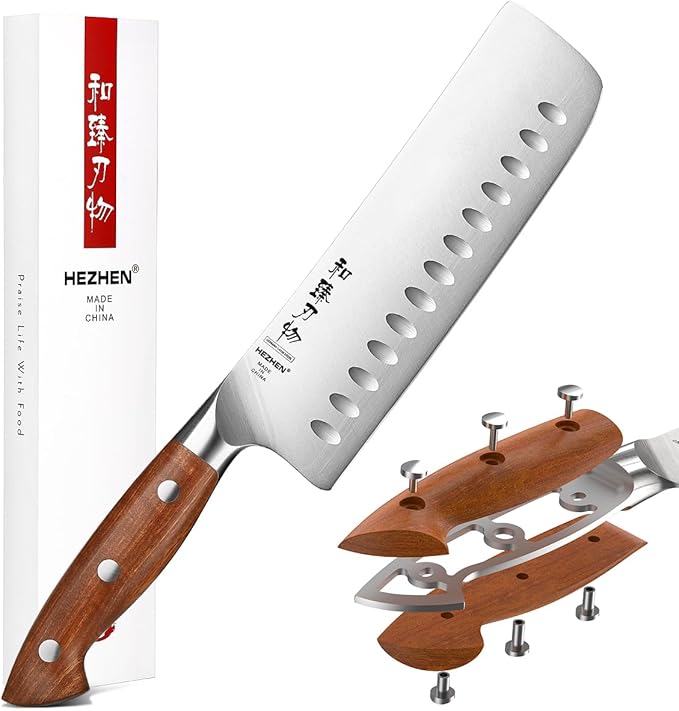 HEZHEN 8 PCS Kitchen Knife Block Set, German DIN 1.4116 Steel Knife Set with Block and Sharpener,Kitchen Shear, Ultra Sharp Blade,Red Wood Handle, Gift Packing